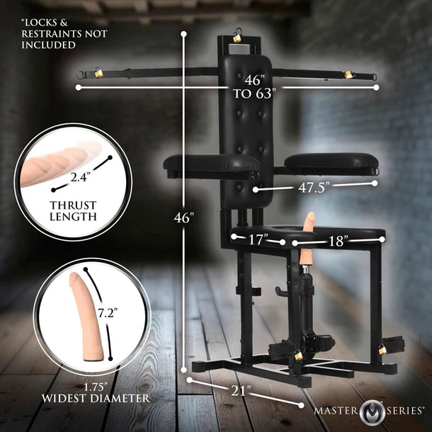 Sexual restraint device with measurements and details on a dark background