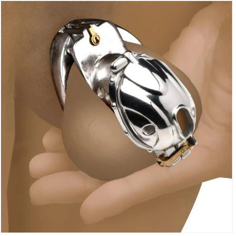 silver chastity cage with a hole in the end near the tip of the penis 