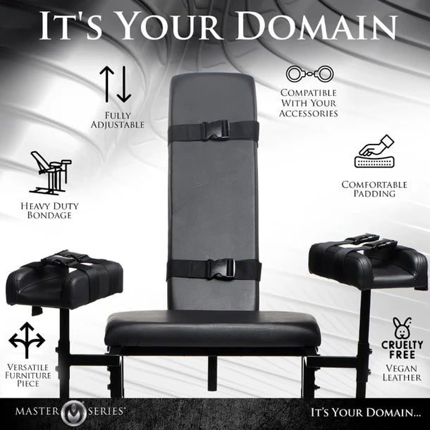 Black bondage chair with adjustable features on a gray background, featuring Master Series branding.