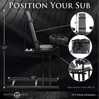Black adjustable bondage chair with measurements and product details on a dark background