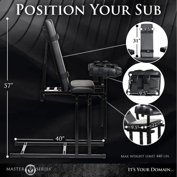 Black adjustable bondage chair with measurements and product details on a dark background