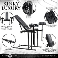 Black adjustable massage or bondage therapy table with features highlighted on a white background