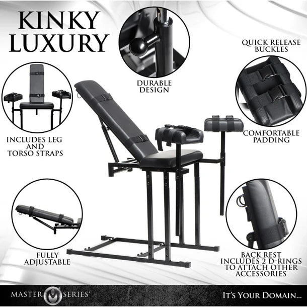 Black adjustable massage or bondage therapy table with features highlighted on a white background