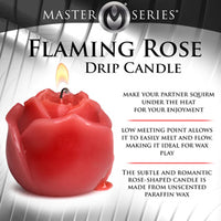 Flaming Rose Drip Candle with product description text on a white background