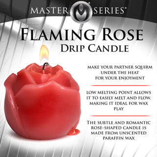 Flaming Rose Drip Candle with product description text on a white background