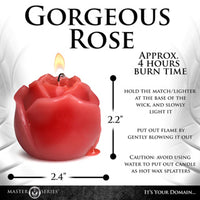 Rose-shaped candle with lighting instructions and product details on a white background