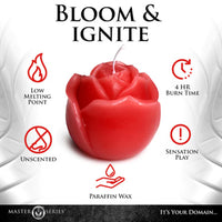 Red rose-shaped candle with features listed on a white background