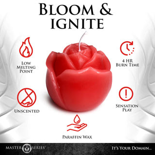 Red rose-shaped candle with features listed on a white background