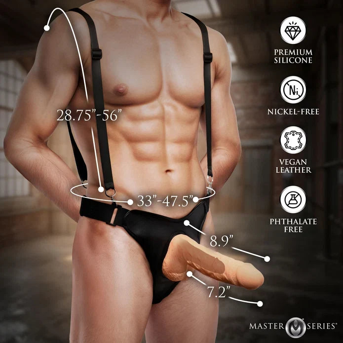 A shirtless male model wearing black silicone suspender-style underwear with a realistic detached foot prop, overlaid with size measurements in inches and feature callouts including premium silicone, nickel-free, vegan leather, and phthalate free. Master M Series branding appears at the bottom right.