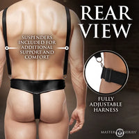 Rear view of a male model wearing a black harness-style underwear bottom with suspenders, with text reading 'REAR VIEW,' 'SUSPENDERS INCLUDED FOR ADDITIONAL SUPPORT AND COMFORT,' 'FULLY ADJUSTABLE HARNESS,' and 'MASTER SERIES.'.