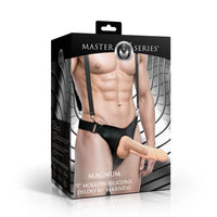 Master Series Magnum 9-inch hollow silicone dildo with harness packaging, featuring a black box with a model photo and product name on the front.