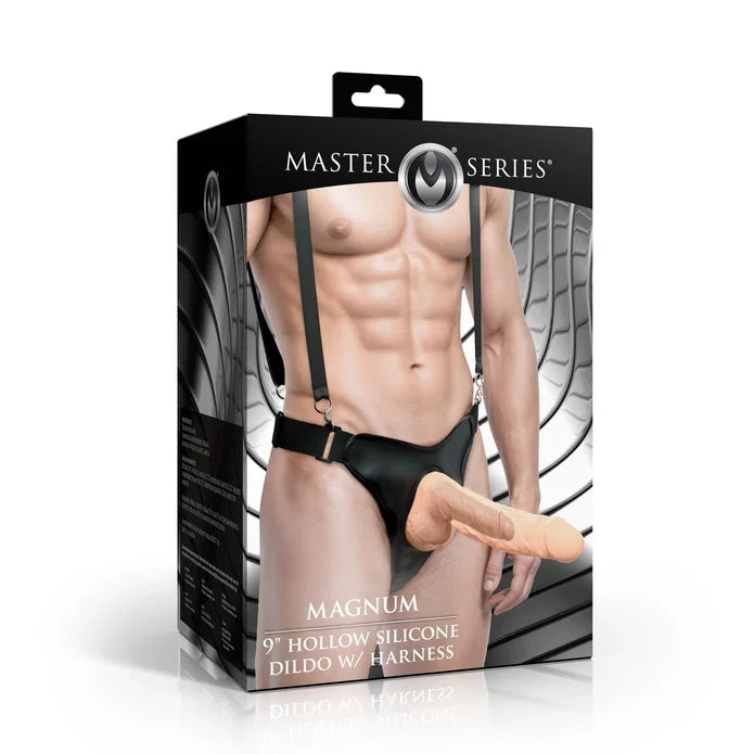 Master Series Magnum 9-inch hollow silicone dildo with harness packaging, featuring a black box with a model photo and product name on the front.