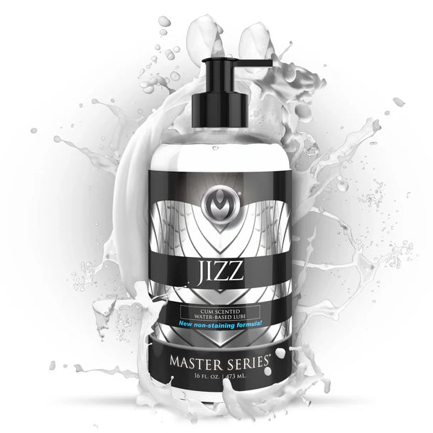 Bottle of Master Series Jizz lubricant with water splashes on a white background
