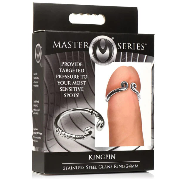 silver metal cock ring around base of penis with box