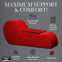 Red lounge chair with features highlighted on a gray background