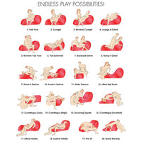 Illustrations of a person using a red bondage couch with various positions labeled.