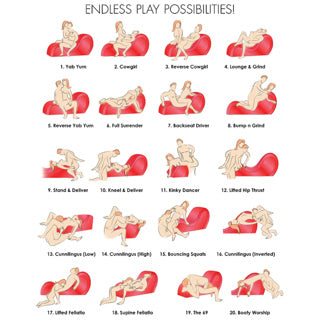 Illustrations of a person using a red bondage couch with various positions labeled.