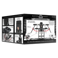 Box for Master Series Leg Spreader Obedience Chair with Sex Machine on a white background