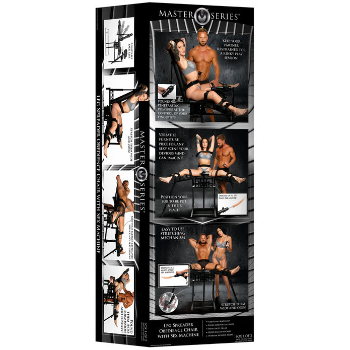 Master Series leg spreader with sex machine packaging on a white background