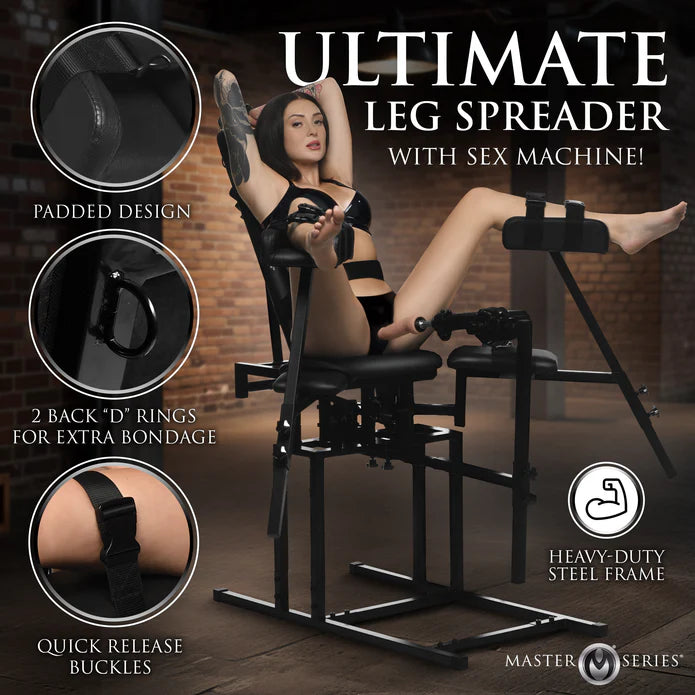 Advertisement for a 'Ultimate Leg Spreader with Sex Machine' by Master Series, featuring a woman using the product.