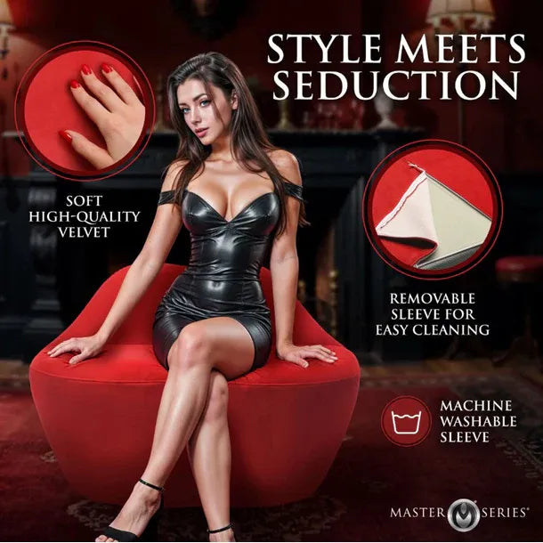 Woman in black dress sitting on a red chair with product features highlighted.