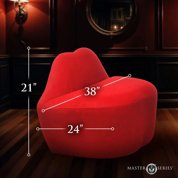 Red lips chair with measurements in a dimly lit room, featuring 'Master Series' branding.