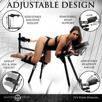 Sexual product with adjustable features and a woman using it, on a white background.
