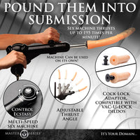 Advertisement for a sex machine with features highlighted on a gray background.