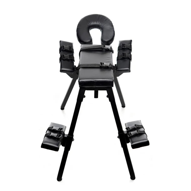Black adjustable chair with armrests and footrests on a white background