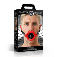Box of Master Series Silicone Feeding Gag with a man wearing it on a white background
