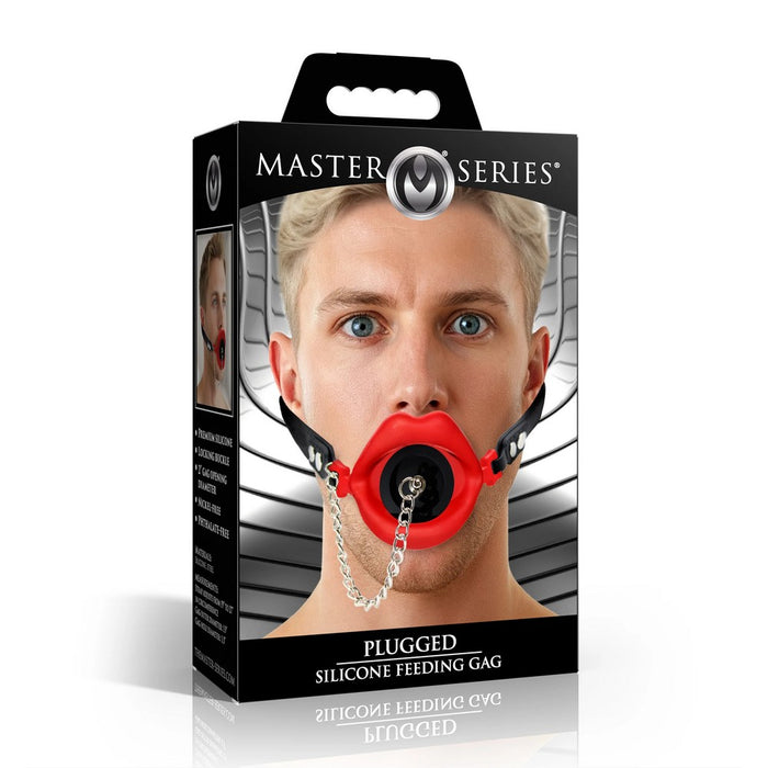 Box of Master Series Silicone Feeding Gag with a man wearing it on a white background