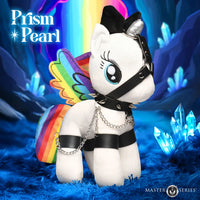 Plush toy with rainbow wings and black leather harness on a blue and purple background