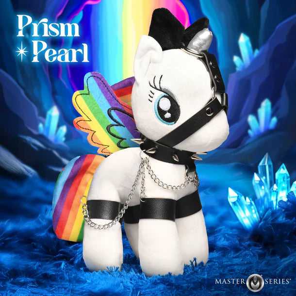 Plush toy with rainbow wings and black leather harness on a blue and purple background