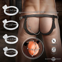 Measurement chart for a harness with close-up details on a person wearing it, featuring Master Series branding.