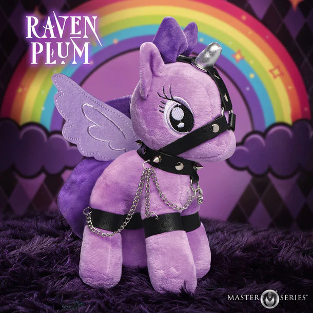 Purple plush toy with chains against a rainbow and cloud background, featuring 'Raven Plum' branding.