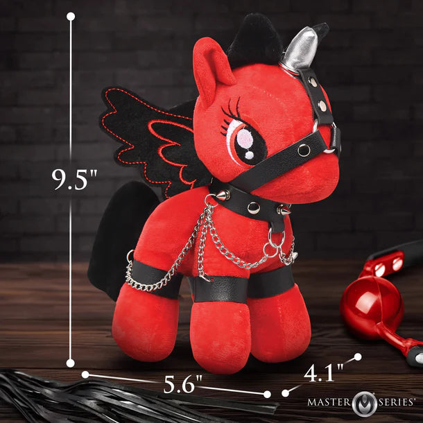 Red plush toy with black accents and measurements on a dark background