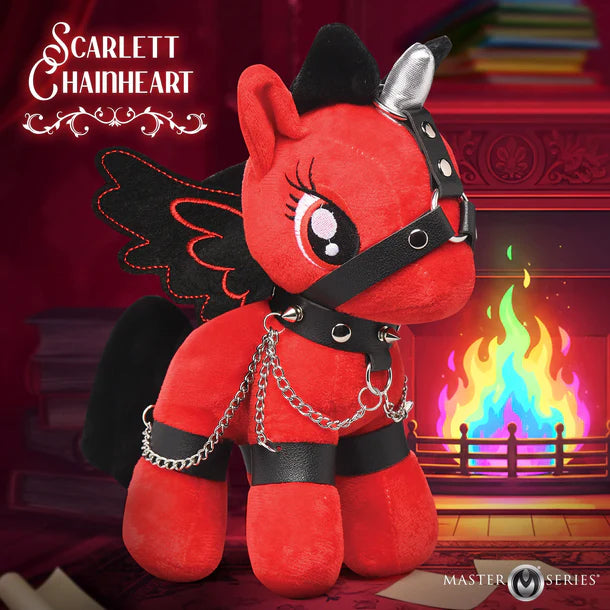 Red plush toy with chains and a fiery background, featuring 'Scarlett Chainheart' branding.