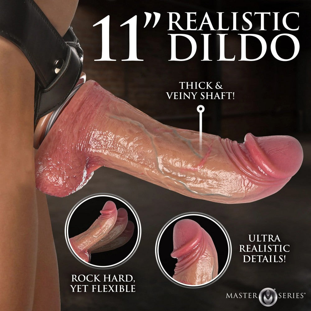Advertisement for a 11-inch realistic dildo with text highlighting features on a dark background.