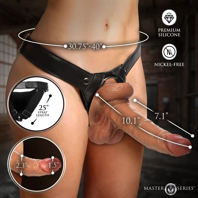 Black silicone harness with measurements and product details on a blurred background