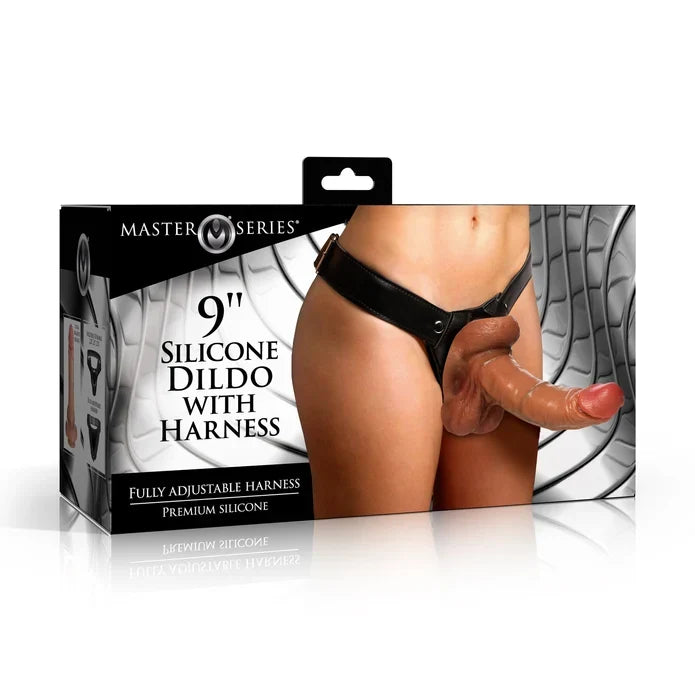 Box of 9-inch silicone dildo with harness by Master Series on a white background