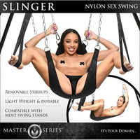 Advertisement for a nylon sex swing with a woman using it, featuring text about product features.