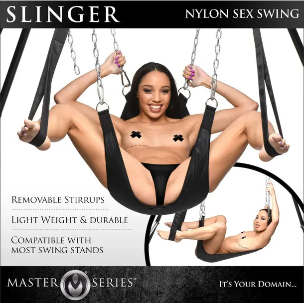Advertisement for a nylon sex swing with a woman using it, featuring text about product features.