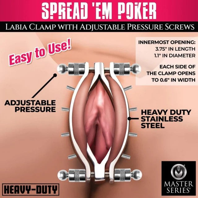 Heavy duty stainless steel Labia clamp with descriptive text. Easy to use, Adjustable pressure, innermost opening 3.75" in llength, 1.1" in diameter, Each side of the clamp opens to 0.6" in width.