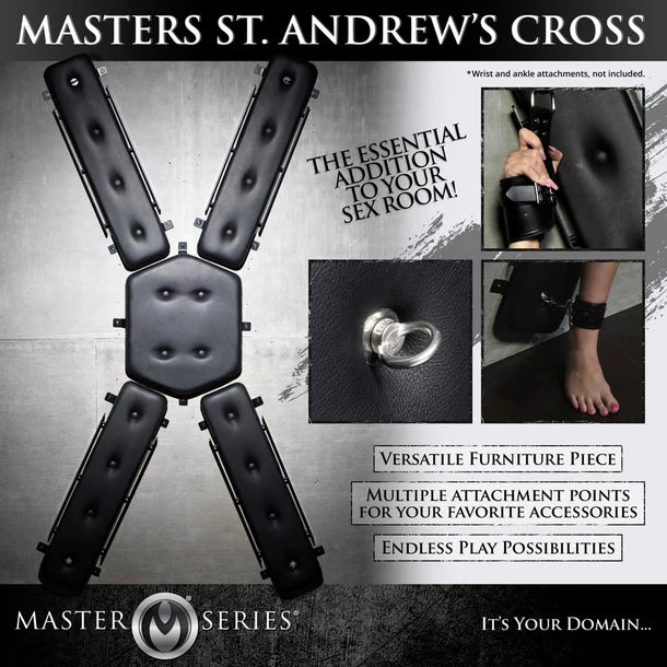 Black leather cross with attachment points, promotional text, and Master Series branding.