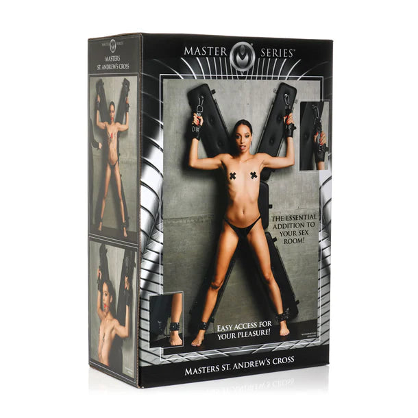 Product packaging for 'Masters St. Andrew's Cross' with a model on a white background.