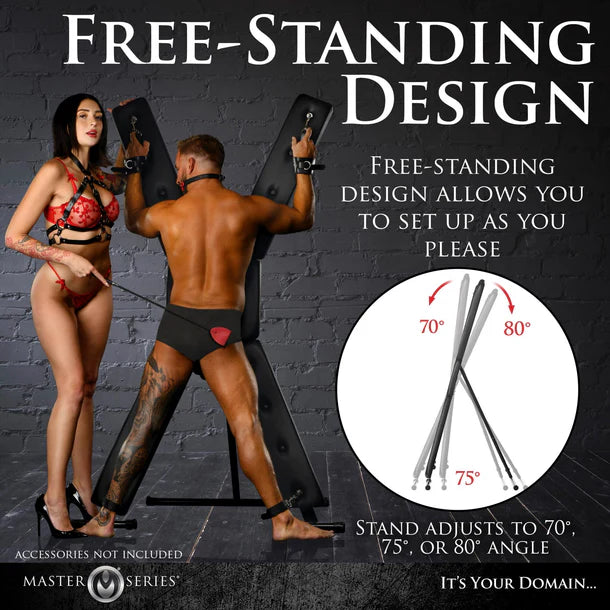 Promotional image of a free-standing design product with a man and woman model, featuring adjustable angles and Master Series branding.