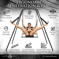 Ergonomic swing with features listed on a gray background