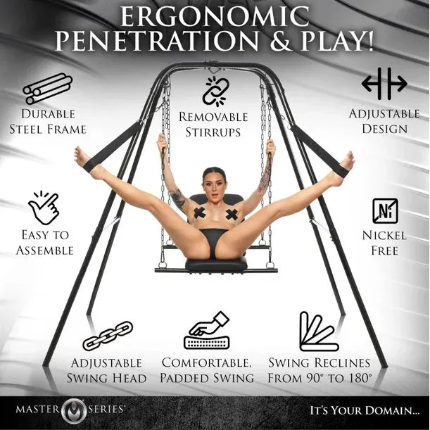 Ergonomic swing with features listed on a gray background
