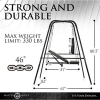 sex swing stand with swing with dimensions and weight limit text on a white background