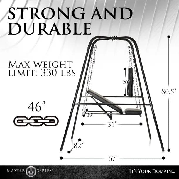sex swing stand with swing with dimensions and weight limit text on a white background